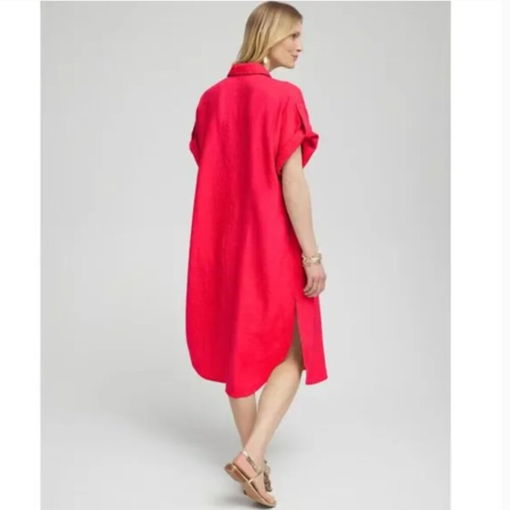 Chicos Linen Midi Shirt Dress With Pockets Size 16 Red Orange New With Tags - Picture 3 of 10